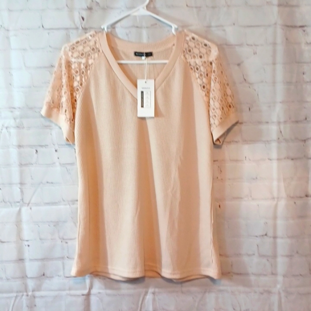 Womans Miholl M Cream Cotton & Lace Short Sleeve Top NWT